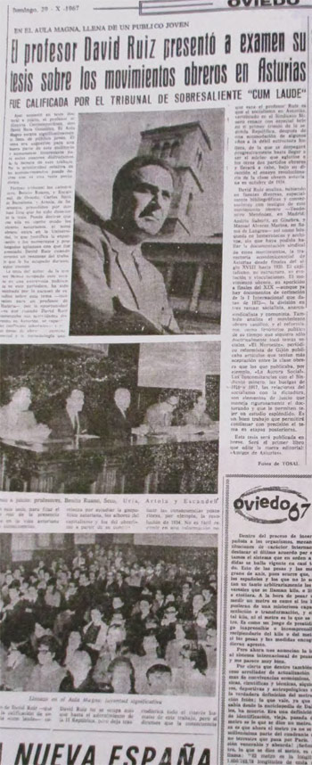 La prensa asturiana recogió la lectura de la tesis de David Ruiz señalando la gran asistencia de público (La Nueva España, 29 de octubre de 1967)