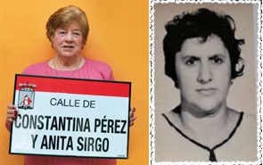 Anita Sirgo en su casa de Lada, Langreo. A la derecha retrato de Constantina P�rez.