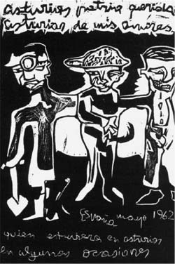 Reproducci�n de un dibujo de Manuel Calvo que recuerda la lucha de los mineros asturianos.
